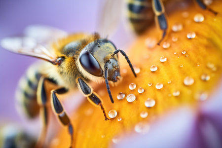 closeup of pollen grains on a bees back near petuniasの素材