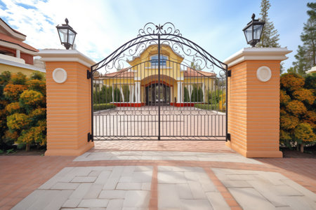 wrought iron gate with curved patterns at villa entranceの素材