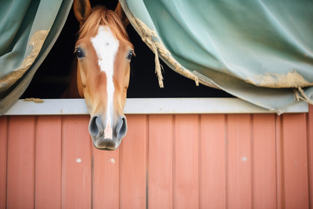horse peeking out of stable barn windowの素材