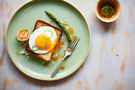 egg in a hole toast on a plate with a side of asparagus spearsの素材