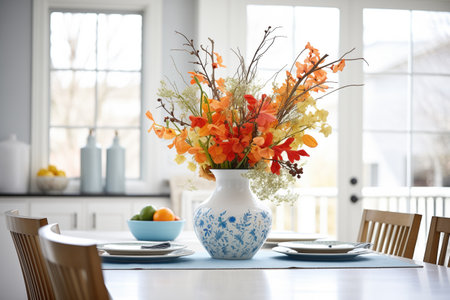 floral centerpiece on dining table with place settingsの素材