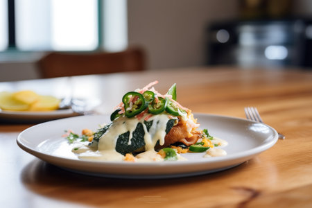 stuffed poblano pepper on a plate with cheesy sauceの素材