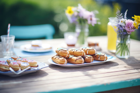 eclairs on picnic table for outdoor eventの素材