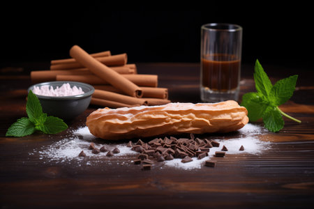 chocolate eclair next to cocoa beans and powderの素材