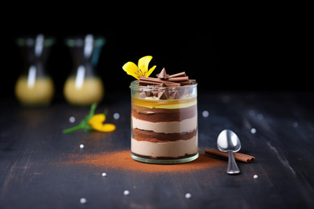 chocolate mousse layered dessert, visible from a glass sideの素材