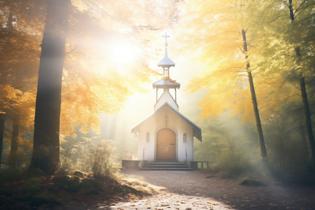 chapel in a forest clearing with rays of sunlightの素材