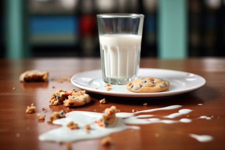 spilled glass of milk beside a plate of chocolate chip cookiesの素材