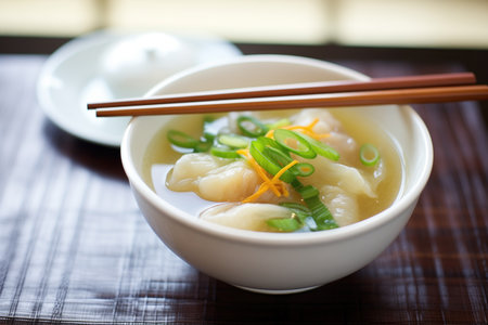 dumpling soup in a clear broth with scallions floating on topの素材