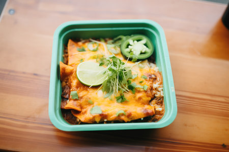 enchiladas in a to-go container for food delivery serviceの素材
