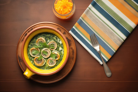 overhead view of escargot in a traditional dishの素材