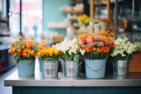 bunches of fresh-cut flowers in metal bucketsの素材