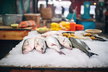 fresh fish on ice at a local farmers standの素材