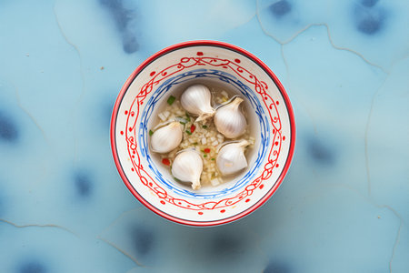 fermented garlic in a small ceramic dish, top viewの素材