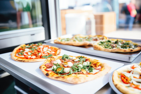 fresh pizzas displayed on food truck counterの素材