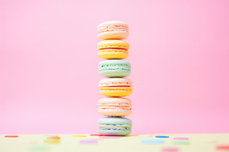 close-up of a colorful macaron tower on pastel backgroundの素材