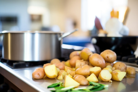 freshly cut potatoes beside a deep fryerの素材