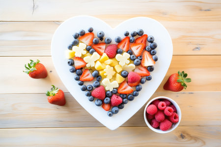 overhead shot of a heart-shaped fruit salad arrangementの素材