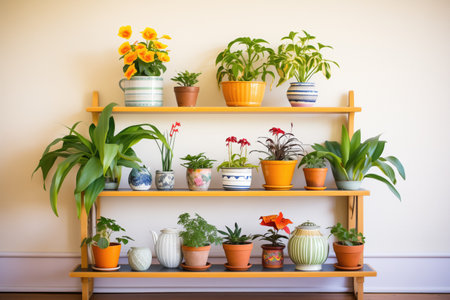 various potted indoor plants on tiered shelvesの素材
