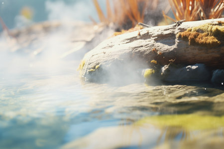 close-up of clear hot spring water with rising steamの素材