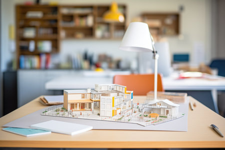 architectural model of a home displayed on an office deskの素材