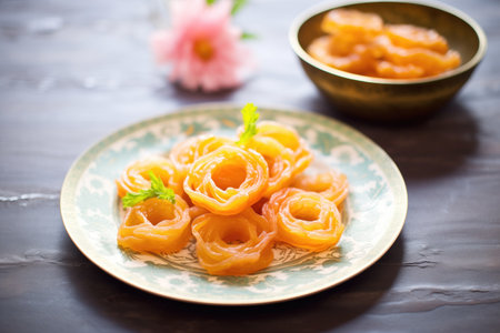 jalebi pieces on floral ceramic plate, soft lighting