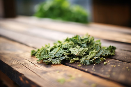 pile of kale chips on a rustic wooden tableの素材