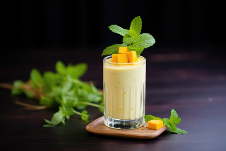mango milkshake with mango chunks and mint leaf garnishの素材