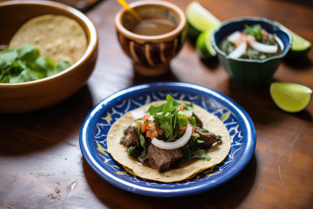 individual serving of mole poblano with tortillasの素材