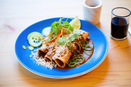 enchiladas coated in mole sauce on dishの素材