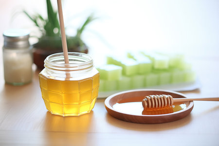 whole and sliced aloe vera leaf with honey jar besideの素材