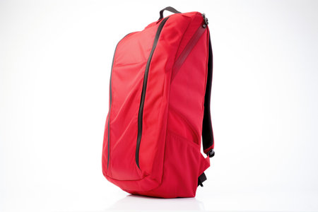 bright red backpack upright on white backdropの素材