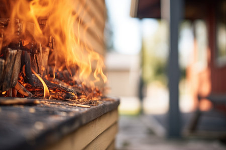 closeup of flames lapping at the side of a wooden houseの素材
