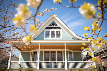 cape cod house with dormers viewed through springtime flowering branchesの素材