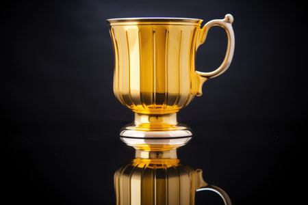 golden cup with a reflection on a glossy black surfaceの素材