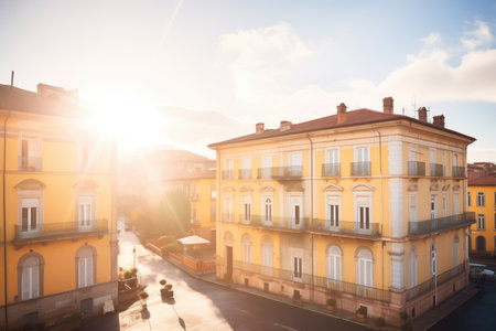 italianate buildings belvedere backlit by the golden hours sun raysの素材