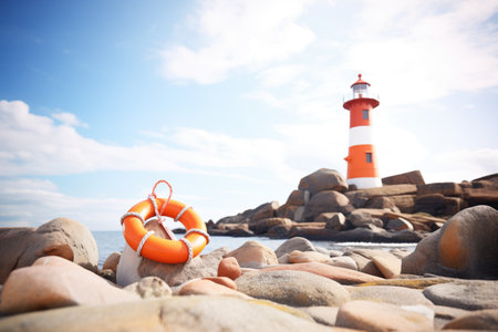 life buoy in front of lighthouse on rocky coastの素材