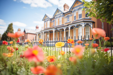 victorian homes with flowers in bloom in front gardensの素材