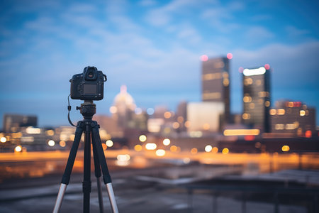 camera on tripod shooting cityscape at twilightの素材
