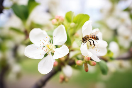 bee on an apple blossom in an orchard with white flowersの素材
