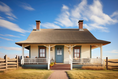 prairie cottage with thatched roof and widespread eavesの素材