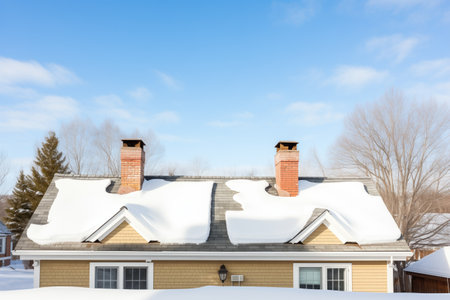 winter view of a saltbox roof with snowcovered chimneysの素材