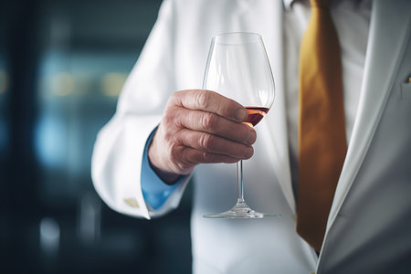 closeup of sommeliers hands holding a wine glass, examining color against a lightの素材