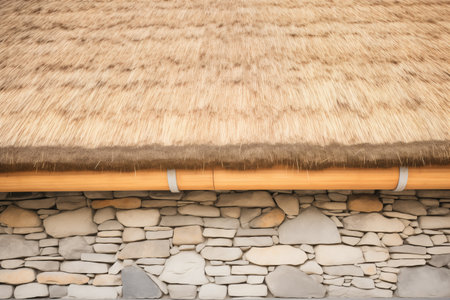 closeup of thatched roof texture with stone wallsの素材