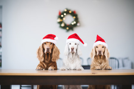 dogs sitting with santa hats for xmasの素材
