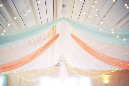 white drapery and fairy lights adorning the ceiling of a hallの素材