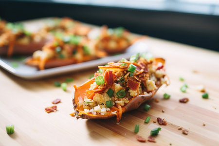 baked sweet potato skins stuffed with cheese and baconの素材
