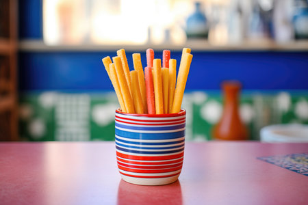 breadsticks standing in a colorful ceramic cupの素材