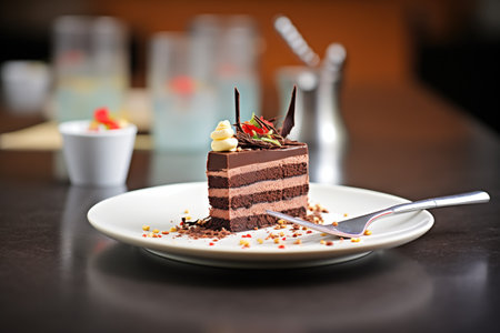 chocolate mousse cake slice on a plate, fork taking a biteの素材