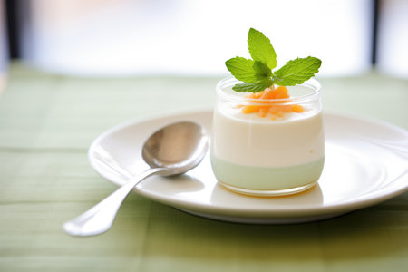 elegant dessert: coconut yogurt panna cotta with a mint leafの素材