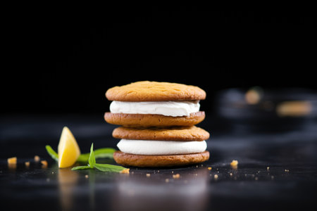 cookie sandwich with creamy filling on a sleek dark slateの素材
